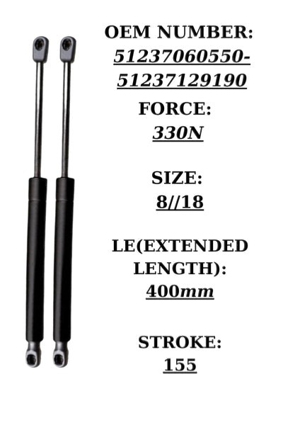 SpringFixUk 2x black steel hood gas struts for BMW 3 Series E90/E91, 330N force, 400mm extended length.