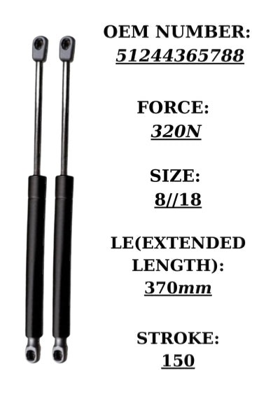 SpringFixUk pair of black steel gas struts for BMW 3 Series E90 tailgate, 320N force, 370mm extended length.