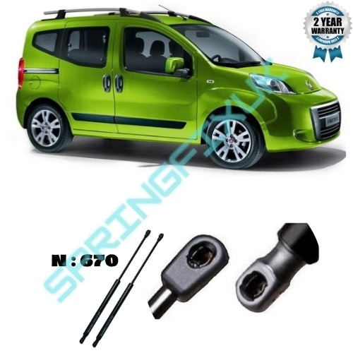 SpringFixUk pair of black steel tailgate gas struts for Fiat Fiorino, Bipper, and Nemo with 670N force.
