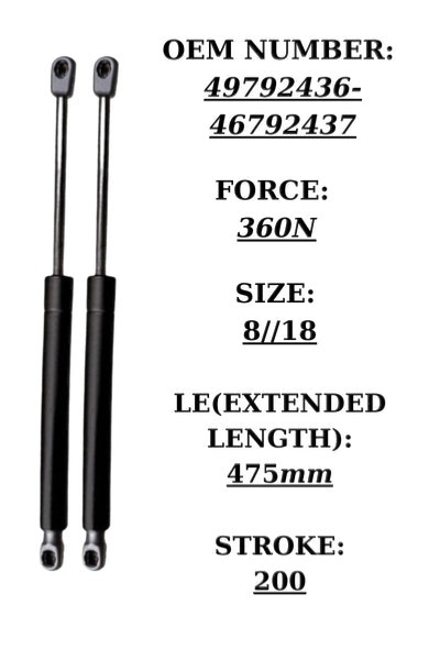 SpringFixUk pair of black steel tailgate gas struts for Fiat Palio 1998-2000, 360N force, 475mm extended length.