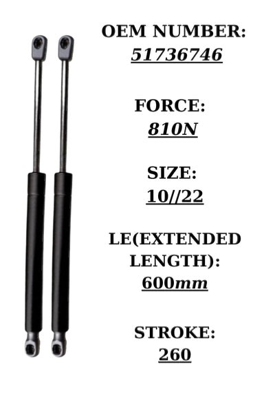 SpringFixUk pair of black steel tailgate gas struts for Fiat Stilo (2003+), 850N force, 600mm extended length.