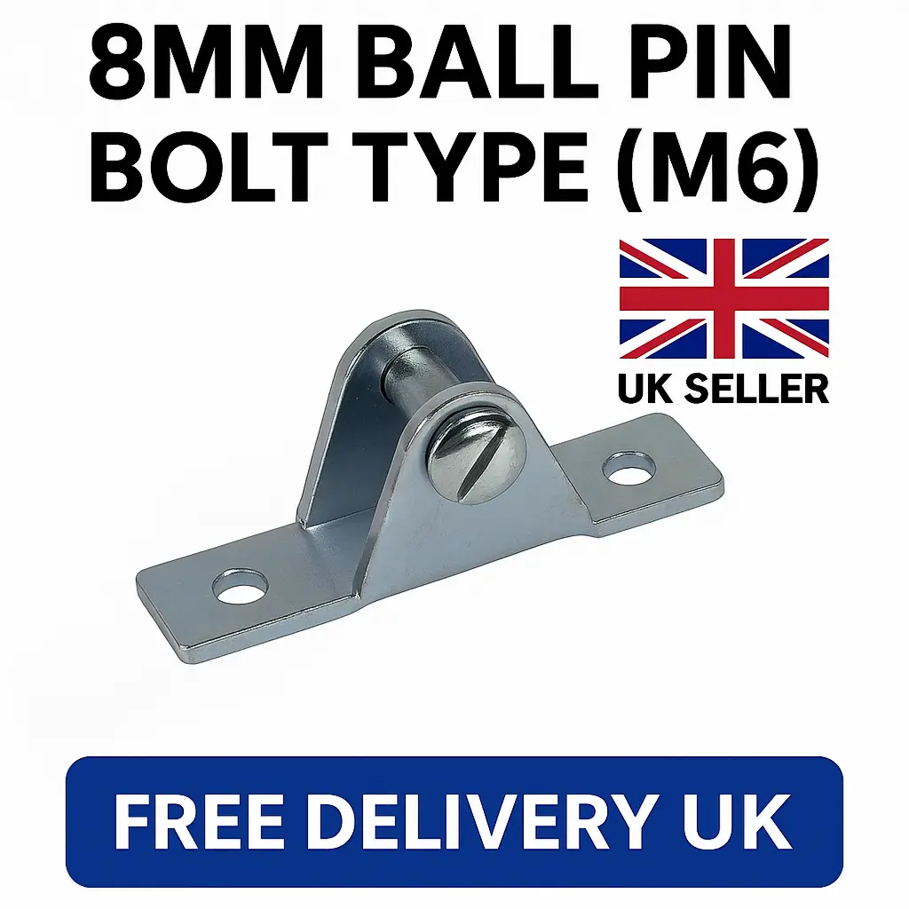 SpringFixUk 2x zinc-plated steel gas strut brackets with 8mm ball stud and M6 bolt for side mounting.