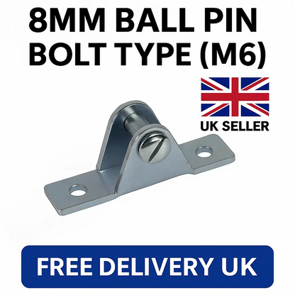 SpringFixUk 2x zinc-plated steel gas strut brackets with 8mm ball stud and M6 bolt for side mounting.