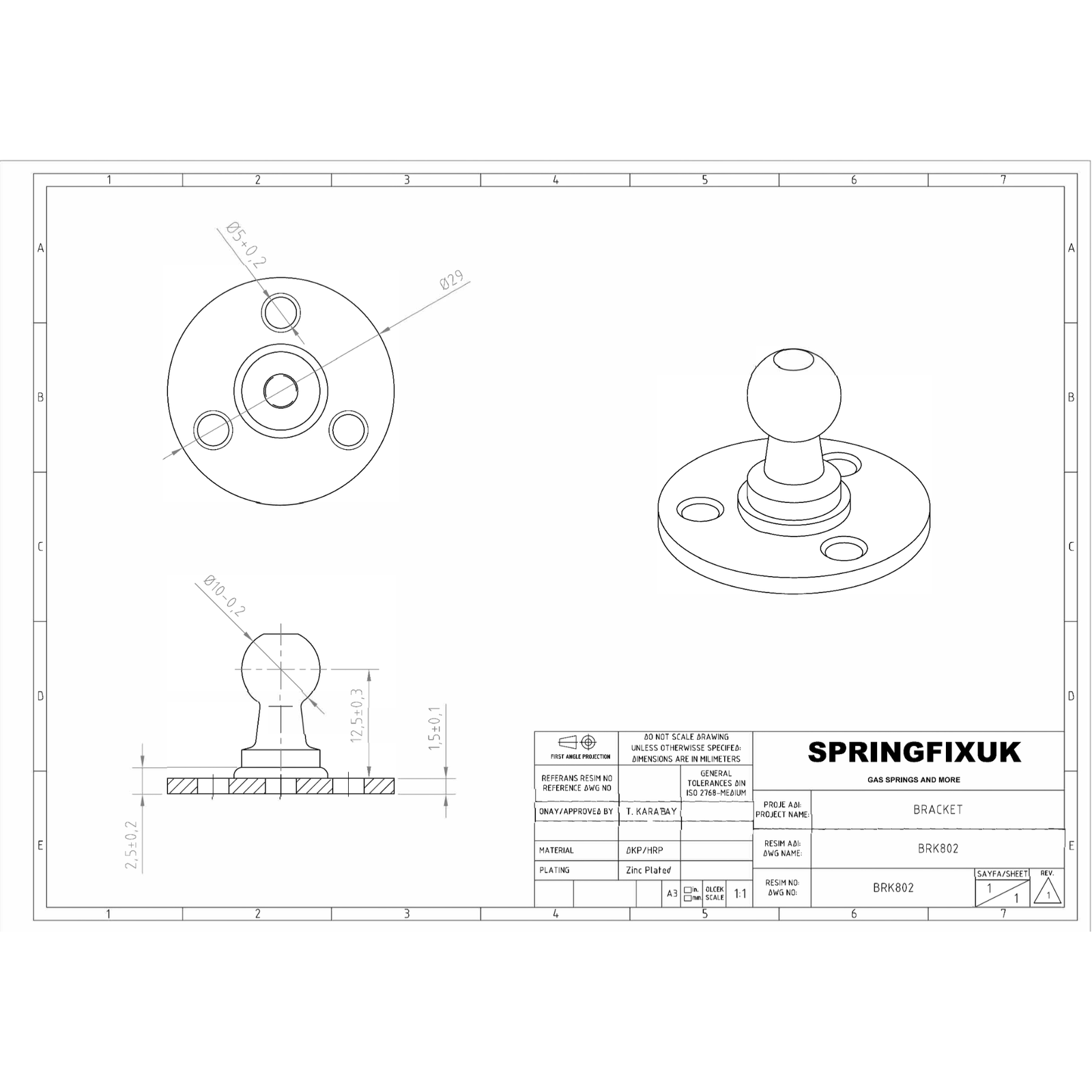 SpringFixUk zinc plated steel 10mm gas strut mounting bracket with 3 hole plate and ball stud.