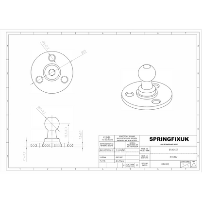 SpringFixUk zinc plated steel 10mm gas strut mounting bracket with 3 hole plate and ball stud.
