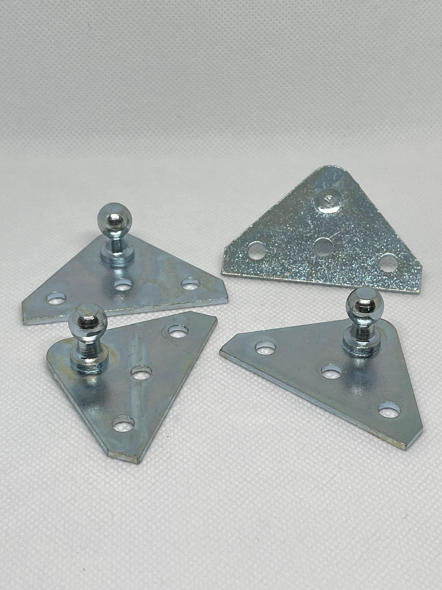 SpringFixUk 2x zinc-plated steel gas strut brackets with 10mm ball studs, flat mounting plates.