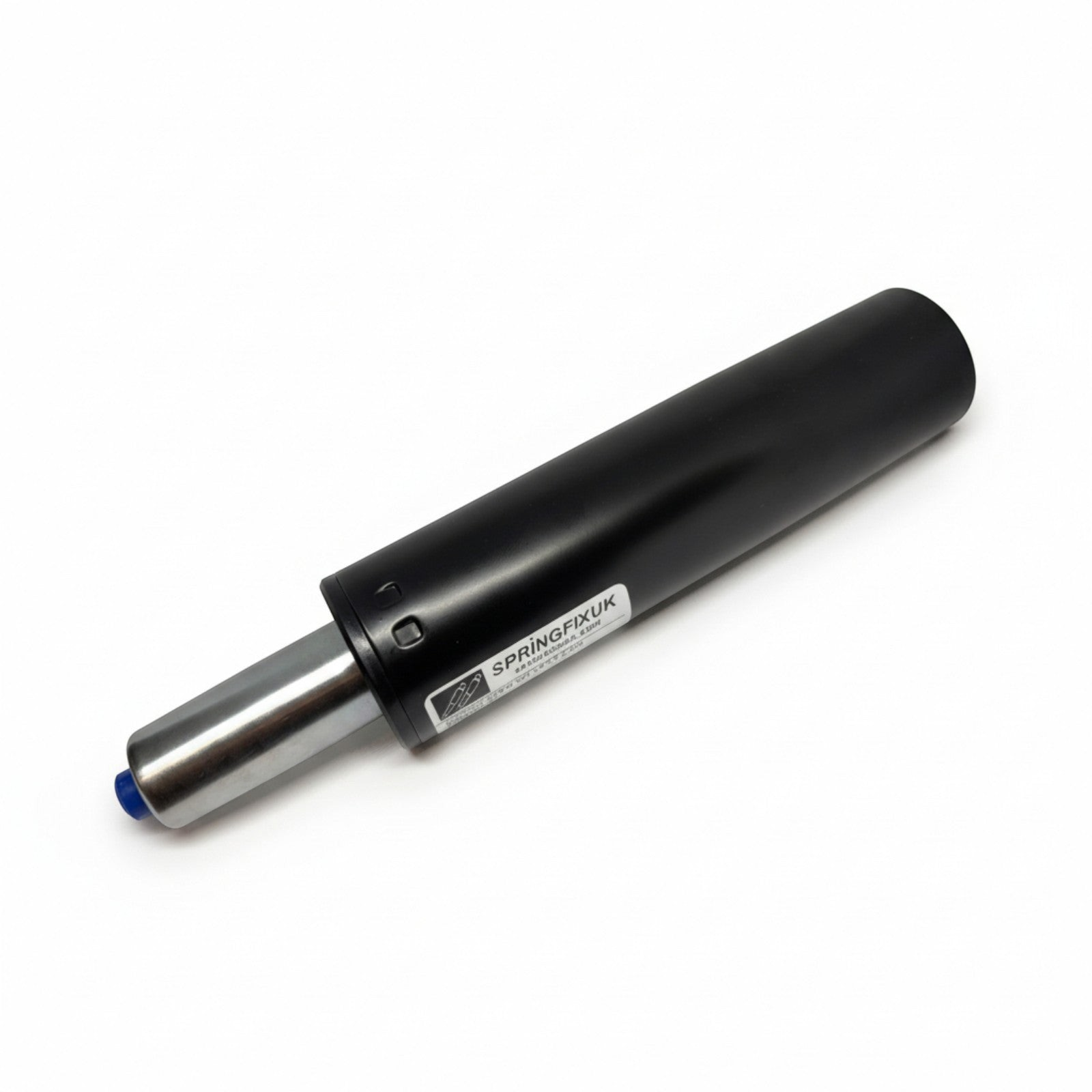 SpringFixUk heavy duty black office and gaming chair gas lift cylinder with chrome piston shaft and blue end cap.