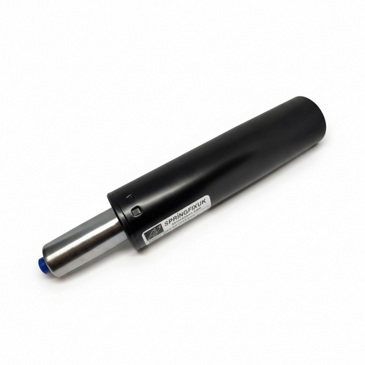 SpringFixUk heavy duty black office and gaming chair gas lift cylinder with chrome piston shaft and blue end cap.