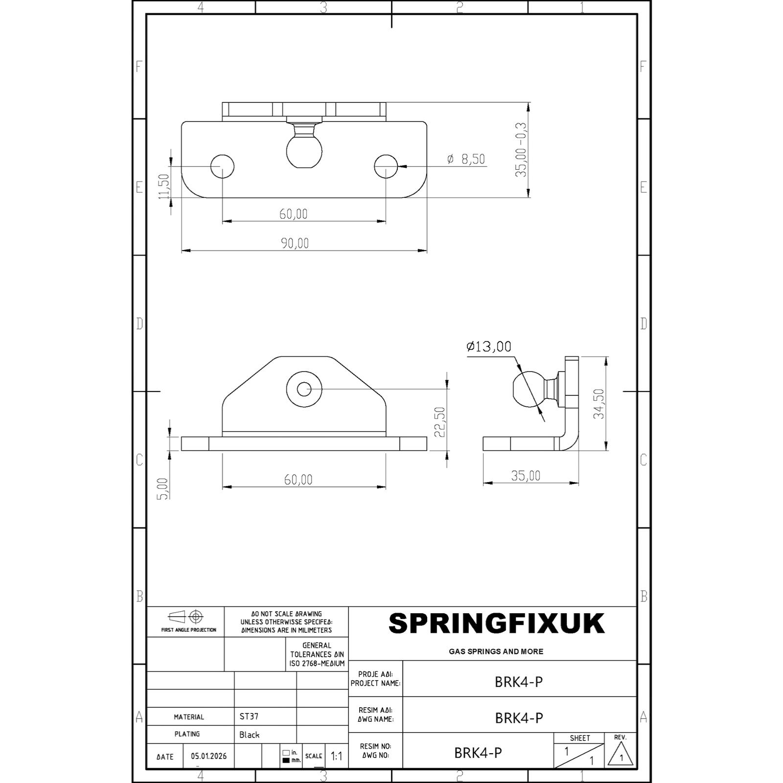 SpringFixUk black heavy duty L mount gas strut bracket with 13mm ball stud. Steel construction.