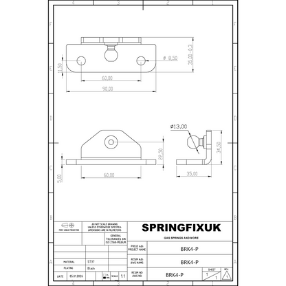 SpringFixUk black heavy duty L mount gas strut bracket with 13mm ball stud. Steel construction.
