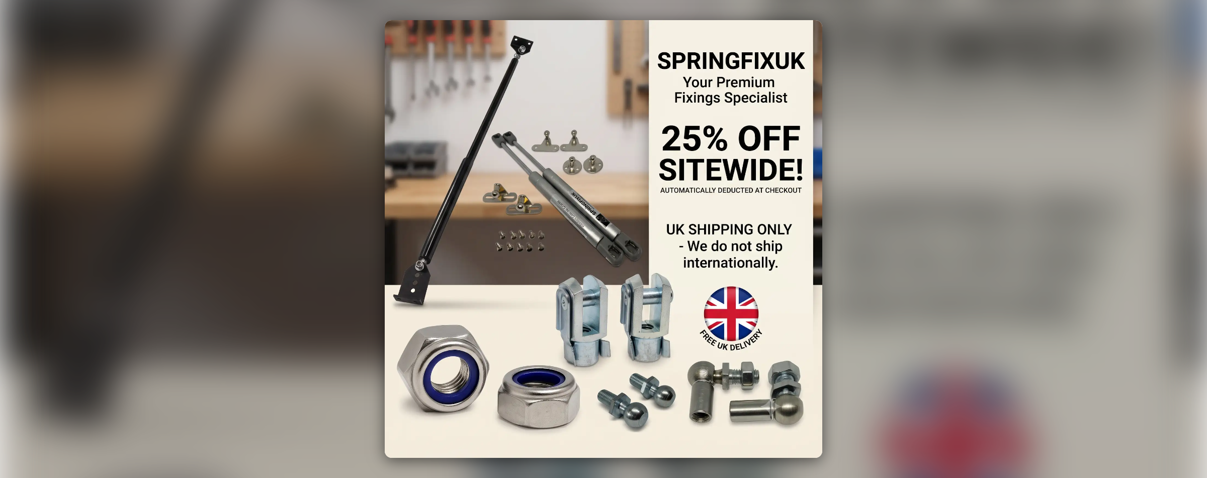 SpringFixUK premium fixings hardware banner with 25% off promotion