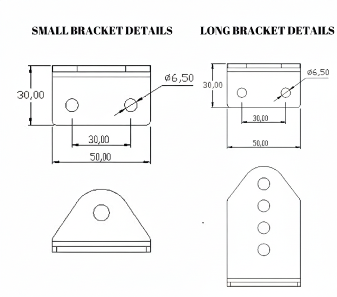 SpringFixUk 300N hydraulic gate closer M8 brackets with dimensions. Includes small and long bracket details.