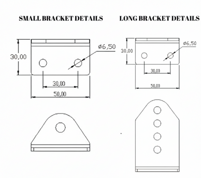 SpringFixUk 300N hydraulic gate closer M8 brackets with dimensions. Includes small and long bracket details.