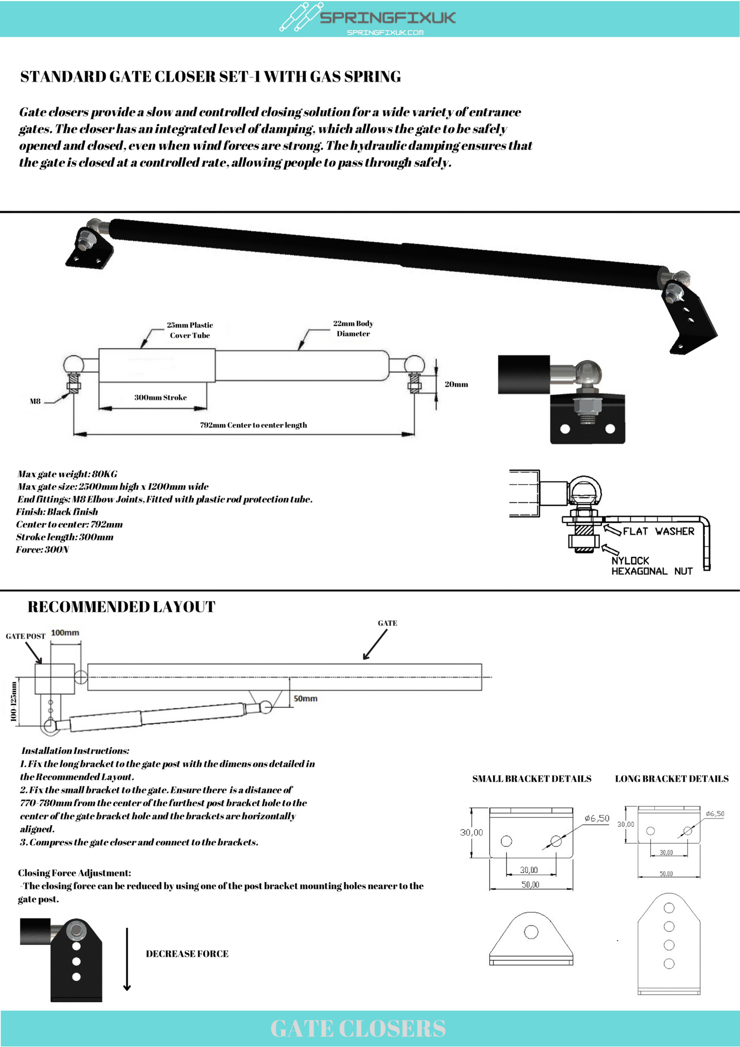 SpringFixUk black steel hydraulic gate closer with M8 fittings and soft-close arm for swing gates.