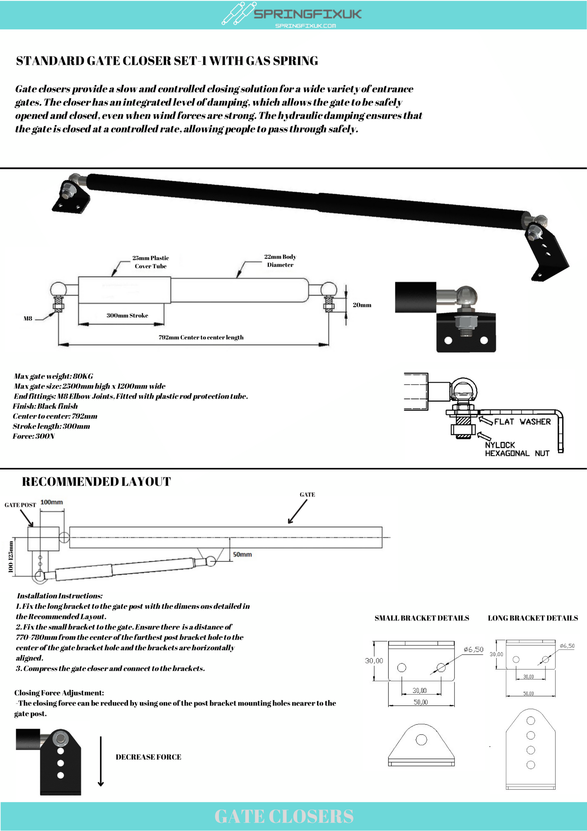 SpringFixUk black steel hydraulic gate closer with M8 fittings and soft-close arm for swing gates.