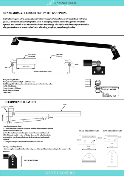 SpringFixUk black steel hydraulic gate closer with M8 fittings and soft-close arm for swing gates.