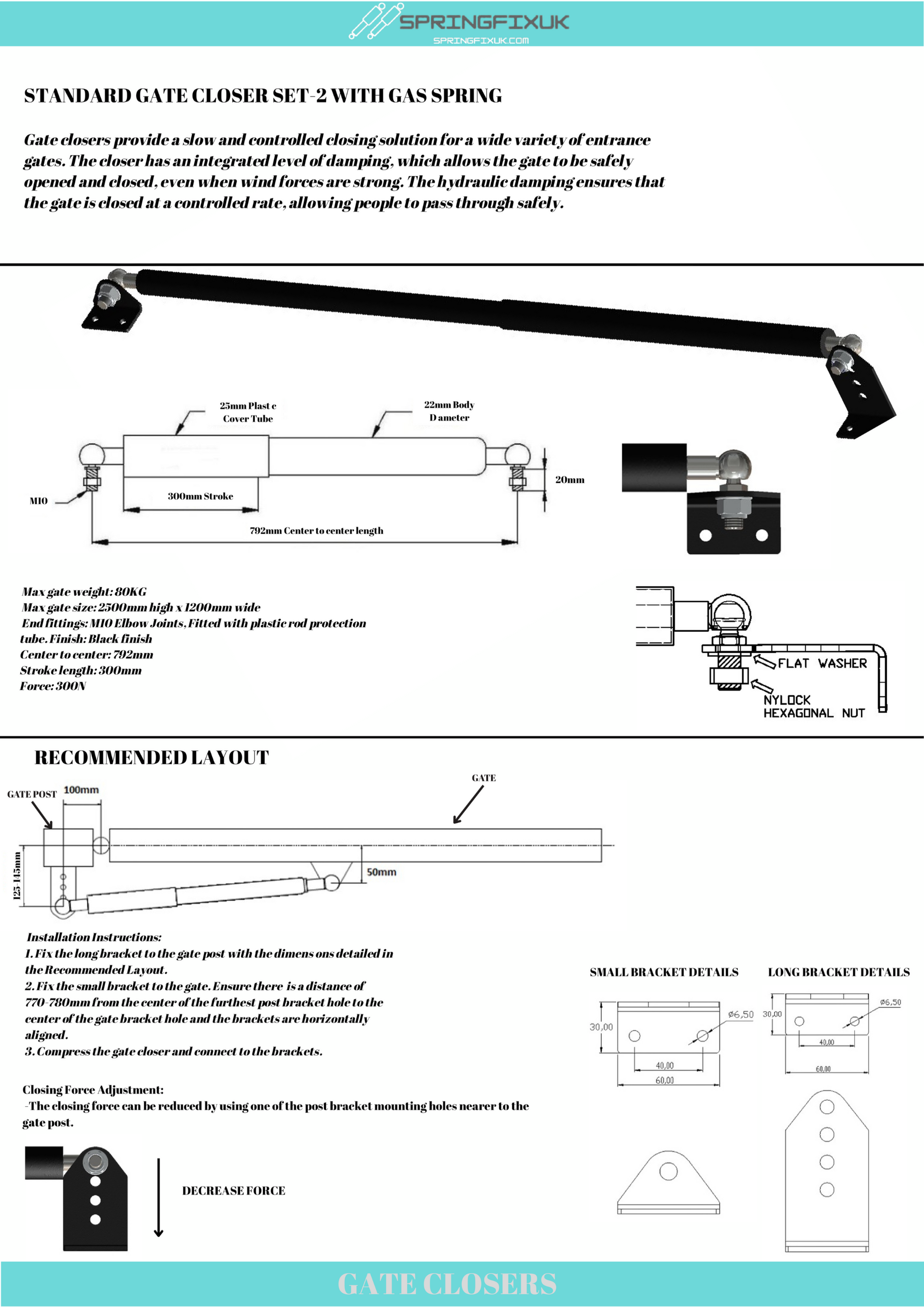 SpringFixUk 300N hydraulic gate closer with soft close arm, M10 fittings, black powder coat finish, for swing gates.