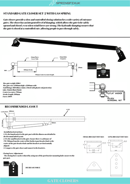 SpringFixUk 300N hydraulic gate closer with soft close arm, M10 fittings, black powder coat finish, for swing gates.