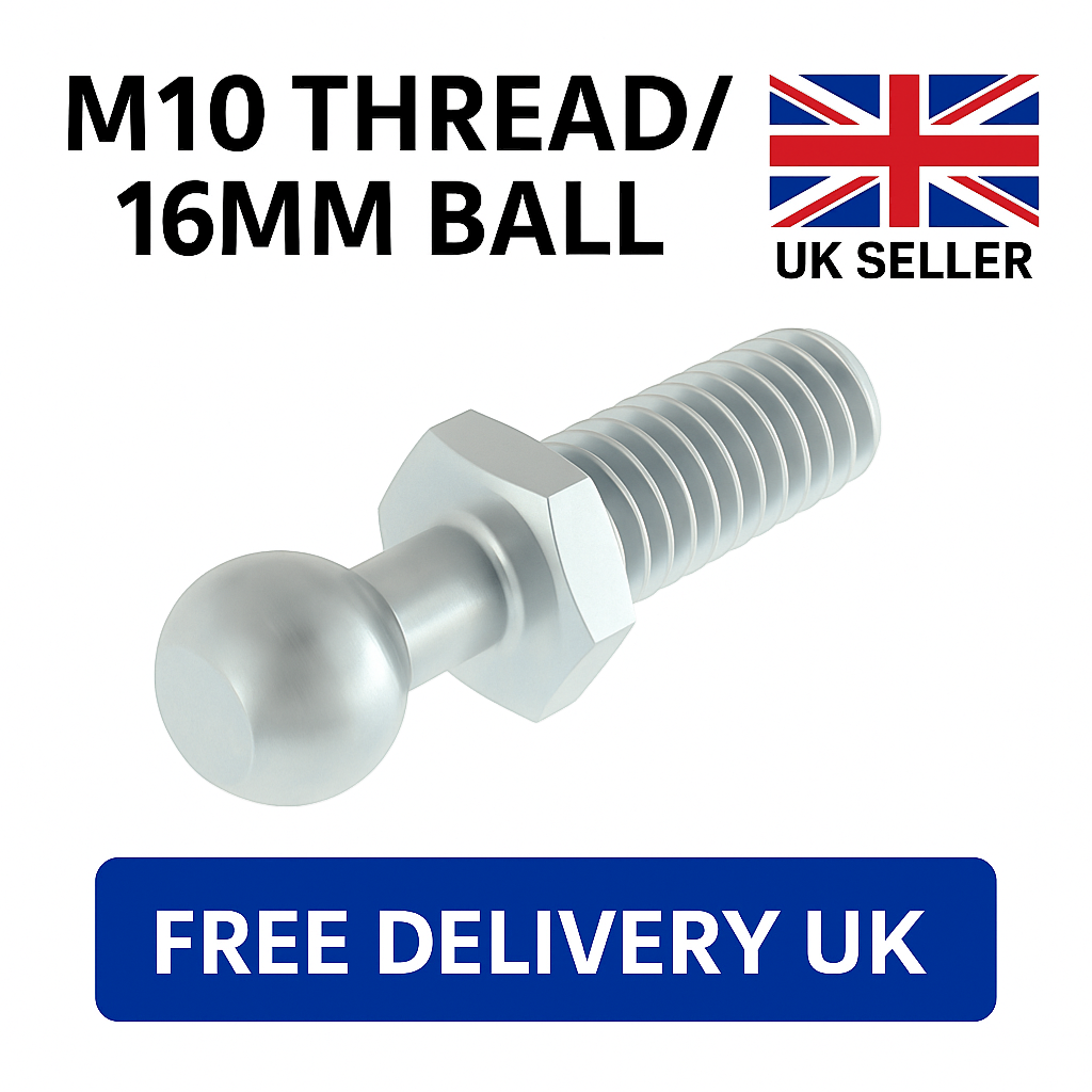 SpringFixUk M10 zinc plated steel ball stud bolt with 16mm ball for gas strut mounts.