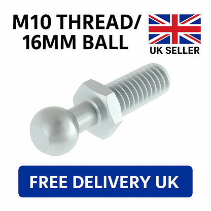 SpringFixUk M10 zinc plated steel ball stud bolt with 16mm ball for gas strut mounts.
