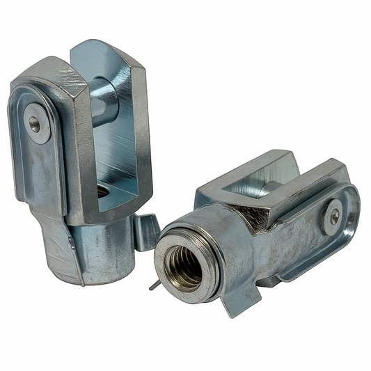 SpringFixUk M10 zinc plated steel clevis fork ends with spring clips, DIN 71752 standard.