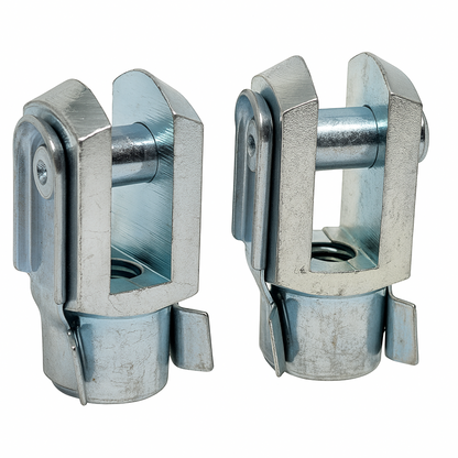 SpringFixUk M10 zinc plated steel clevis fork ends with spring clips, DIN 71752 standard.