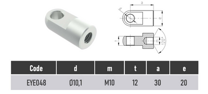 SpringFixUk M10 female thread zinc-plated steel gas strut eye end fitting with 10mm hole.
