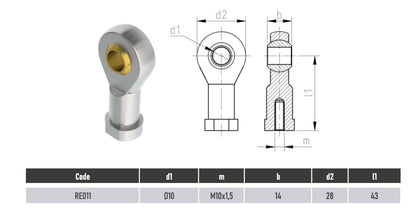 SpringFixUK PHS10 M10 female rod end bearing with 10mm bore, zinc-plated steel, for engineering and automotive linkages.