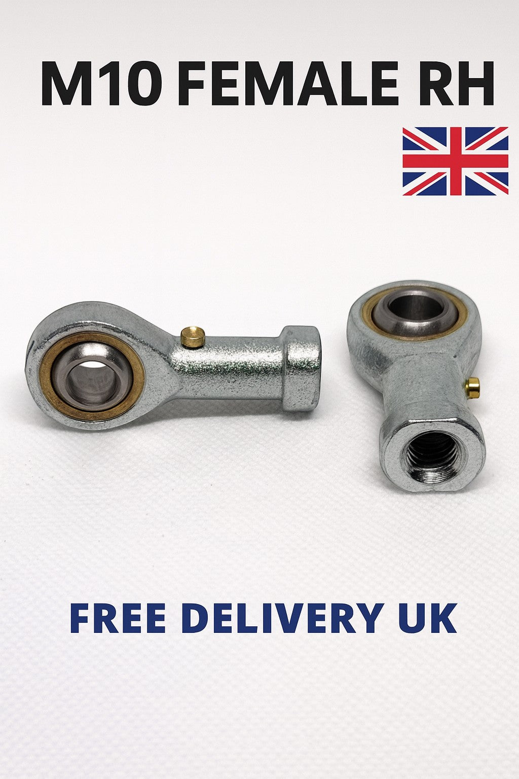 SpringFixUK M10 female rod end bearings, 10mm bore, right-hand thread, zinc-plated steel, for engineering and automotive linkages.