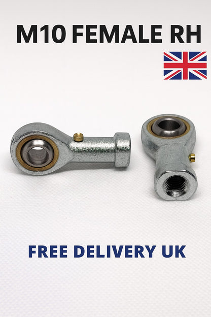 SpringFixUK M10 female rod end bearings, 10mm bore, right-hand thread, zinc-plated steel, for engineering and automotive linkages.