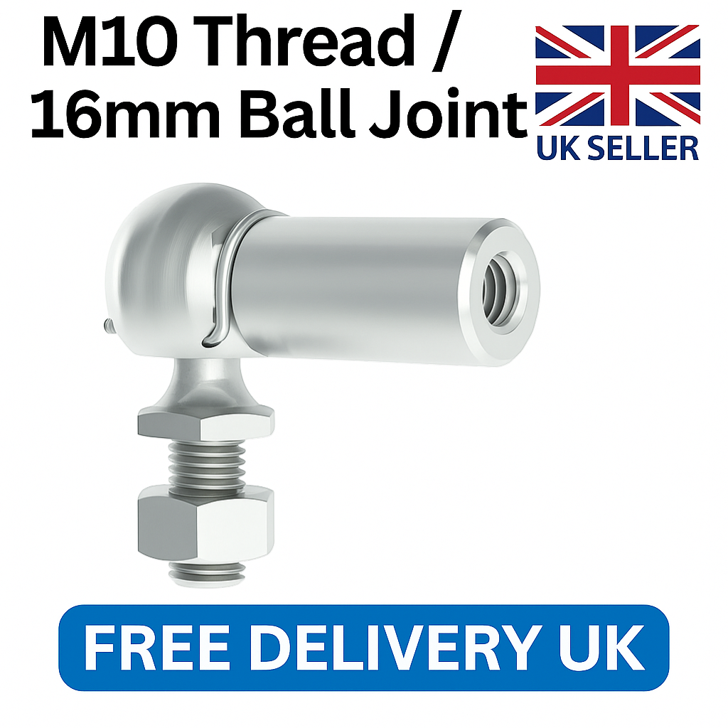 SpringFixUk M10 gas strut ball joint end fitting, 16mm zinc plated steel with M10 thread.