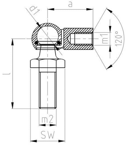SpringFixUk M10 gas strut ball joint end fitting, 16mm ball, zinc plated steel, 120-degree angle.