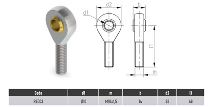 SpringFixUk POS10 M10 male rod end bearing with 10mm bore, steel construction, right-hand thread.
