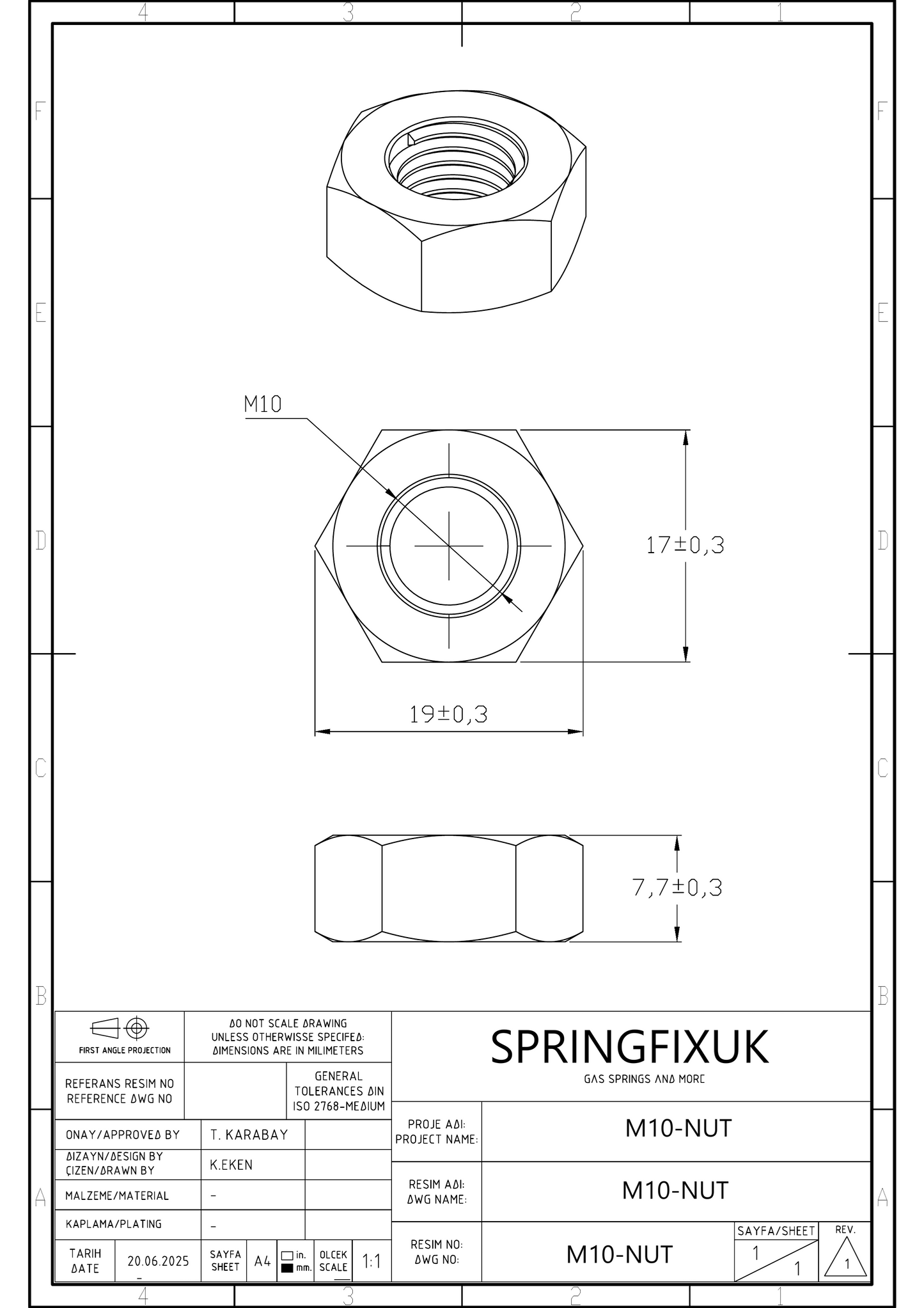 SpringFixUk M10 A2 stainless steel hex nut, DIN 934 standard, corrosion-resistant, for general fastening.