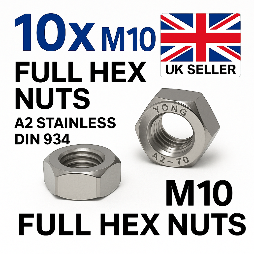 SpringFixUk 10x M10 A2 stainless steel hex nuts, DIN 934 standard, corrosion-resistant full nuts.