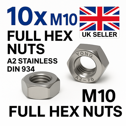 SpringFixUk 10x M10 A2 stainless steel hex nuts, DIN 934 standard, corrosion-resistant full nuts.