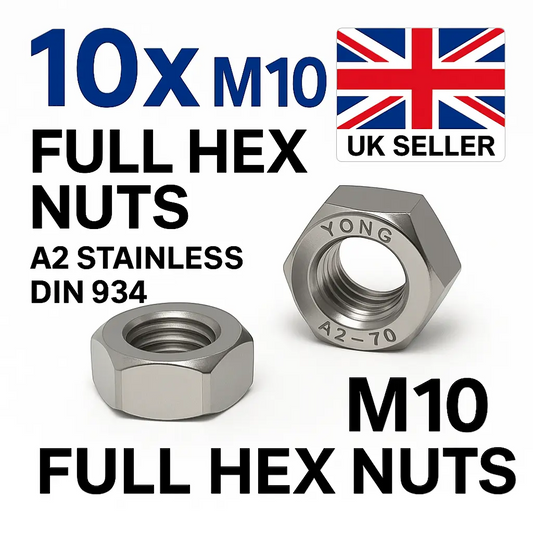 SpringFixUk 10x M10 A2 stainless steel hex nuts, DIN 934 standard, corrosion-resistant full nuts.