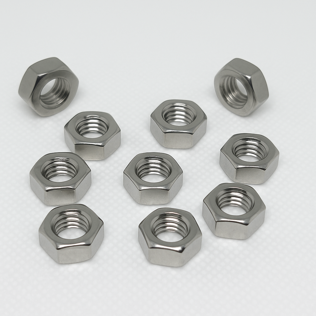 SpringFixUk 10x M10 A2 stainless steel hex nuts, DIN 934 standard, corrosion resistant, for machinery and outdoor use.