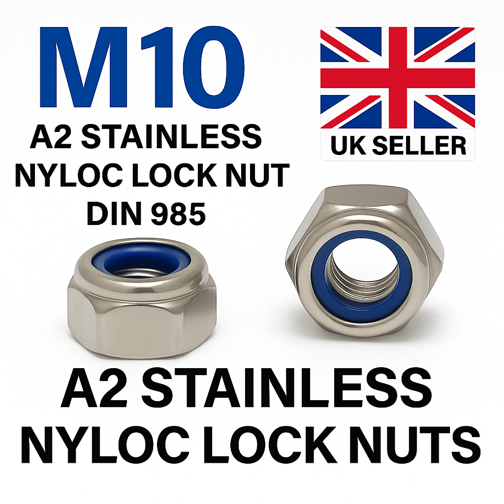 SpringFixUk M10 A2 stainless steel nyloc lock nuts with blue nylon insert, DIN 985 standard, pack of 10.