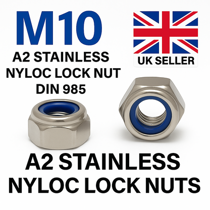SpringFixUk M10 A2 stainless steel nyloc lock nuts with blue nylon insert, DIN 985 standard, pack of 10.