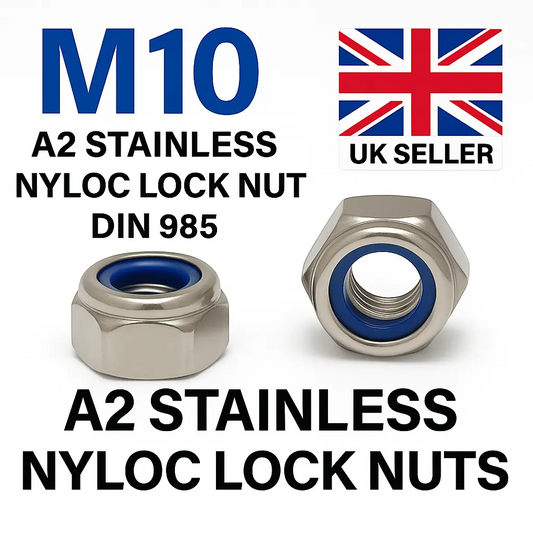 SpringFixUk M10 A2 stainless steel nyloc lock nuts with blue nylon insert, DIN 985 standard, pack of 10.