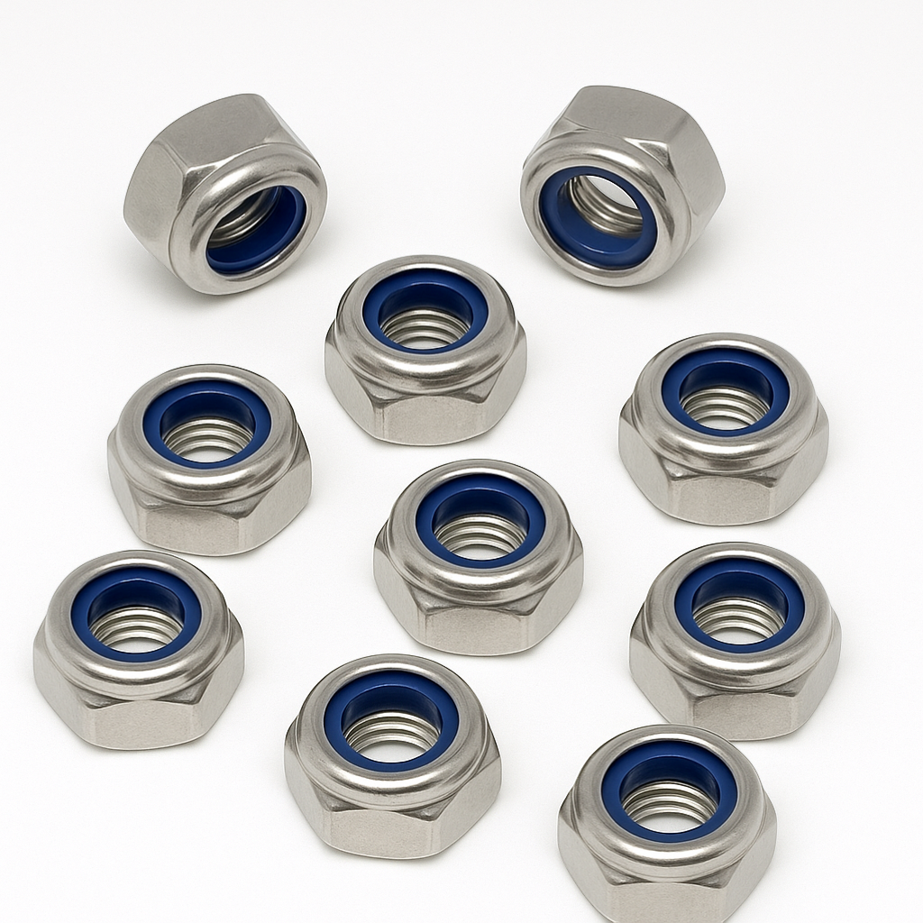 SpringFixUk 10x M10 A2 stainless steel nyloc lock nuts with blue nylon insert, DIN 985 standard.