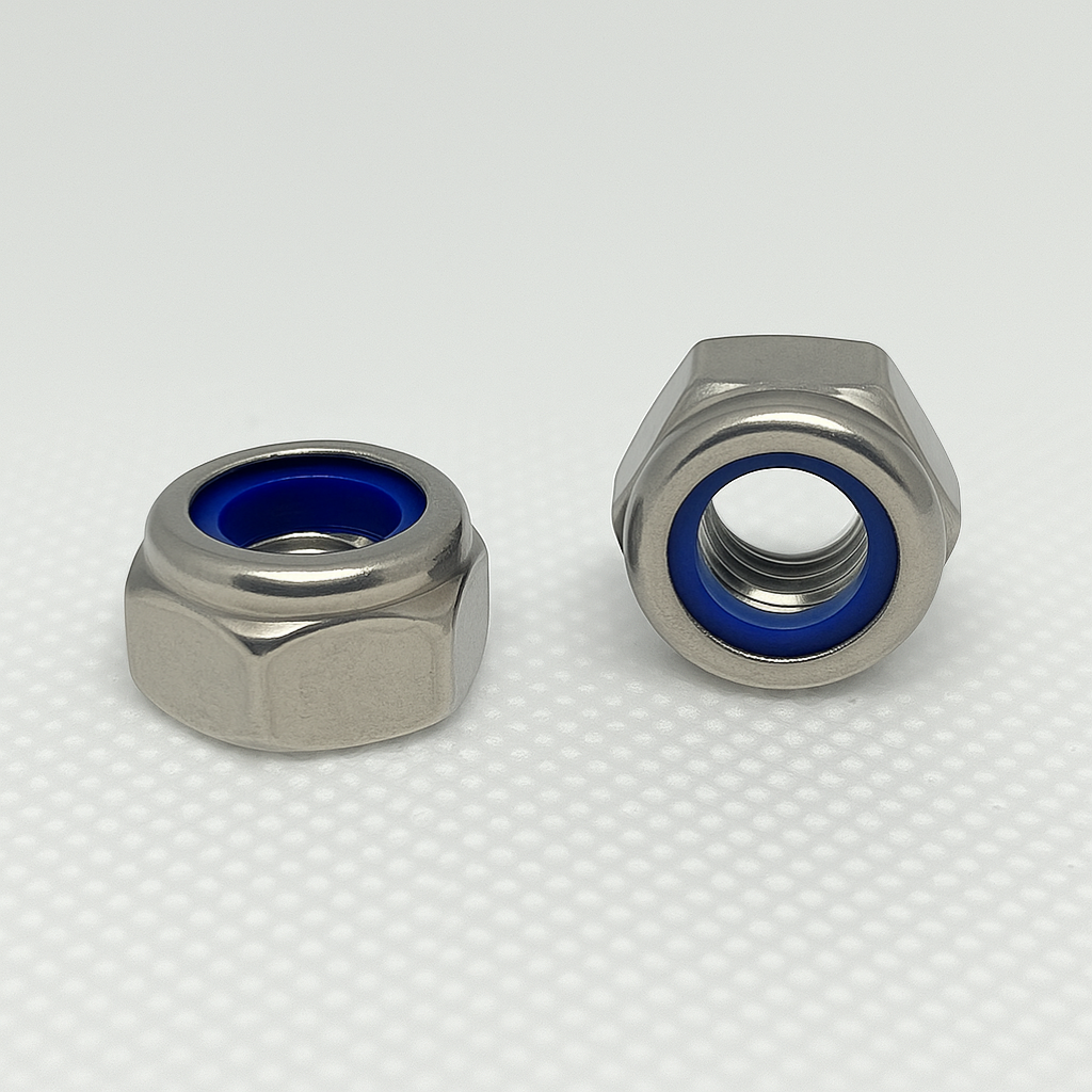 SpringFixUk M10 A2 stainless steel nyloc lock nuts with blue nylon insert, DIN 985 standard.