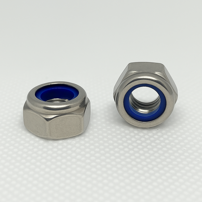 SpringFixUk M10 A2 stainless steel nyloc lock nuts with blue nylon insert, DIN 985 standard.
