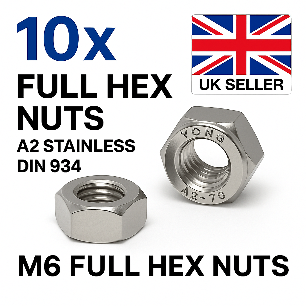 SpringFixUk 10x M6 A2 stainless steel hex nuts, DIN 934 standard, corrosion resistant, ideal for automotive and general fastening.
