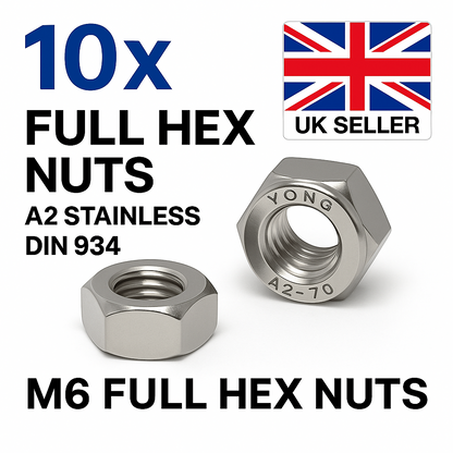 SpringFixUk 10x M6 A2 stainless steel hex nuts, DIN 934 standard, corrosion resistant, ideal for automotive and general fastening.