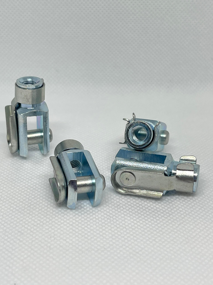 SpringFixUk M6 zinc plated steel clevis fork ends with spring clips, DIN 71752 compliant.