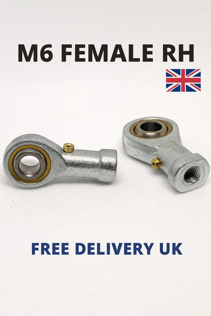 SpringFixUk M6 female rod end bearings with 6mm bore, zinc-plated steel, for automotive and machinery linkages.