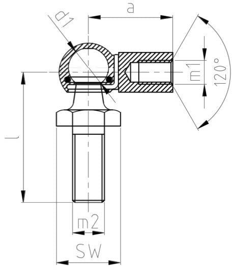 SpringFixUk M6 gas strut end fitting with 10mm ball joint, zinc plated steel, technical drawing.