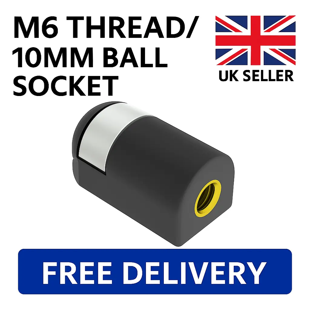 SpringFixUk M6 plastic gas strut end fitting with 10mm ball socket and brass insert, ideal for automotive and furniture.